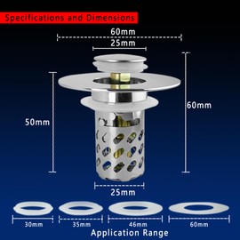 REZZI Sink Plug Replacement Universal Pop Up Stopper with Removable Stainless Steel Filter Basket Catcher Sink Stopper Replacement for Bathroom and Kitchen Suitable for 26mm to 46mm Chrome