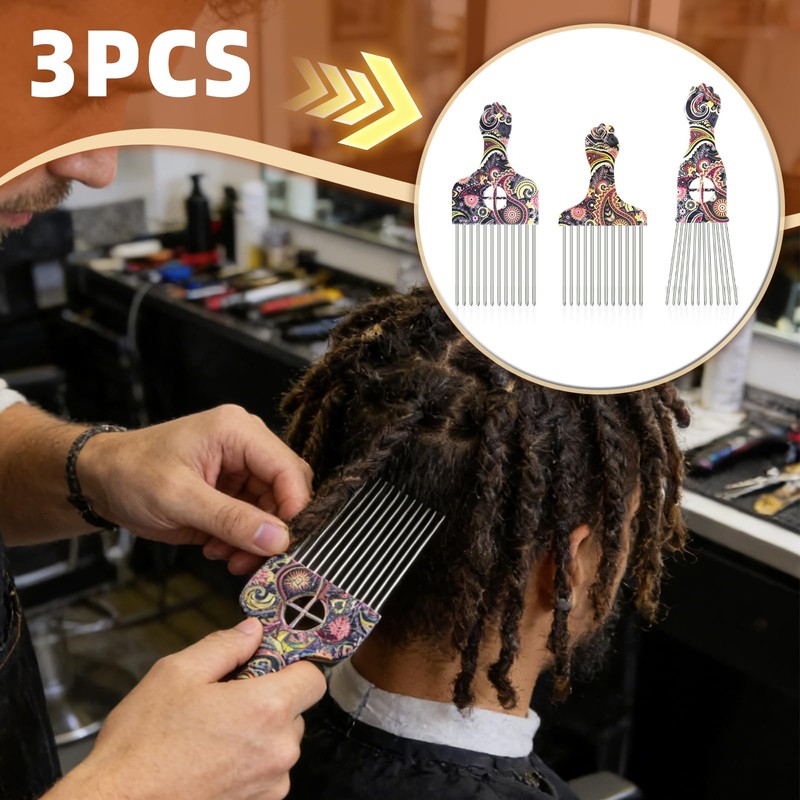 Steel Needle Afro Pick Comb Set, 3 Pack with K2