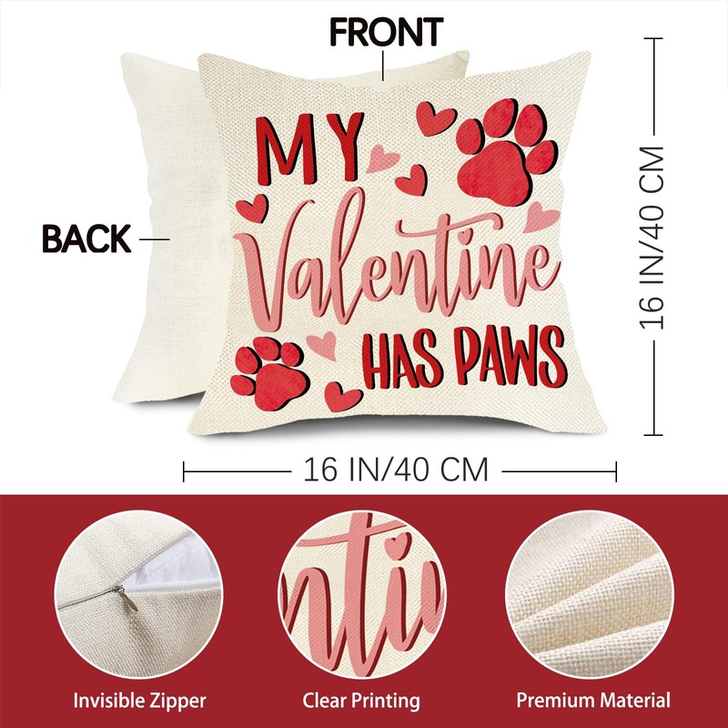 My Valentine Has Paws Decorative Throw Pillow Cover 16 x