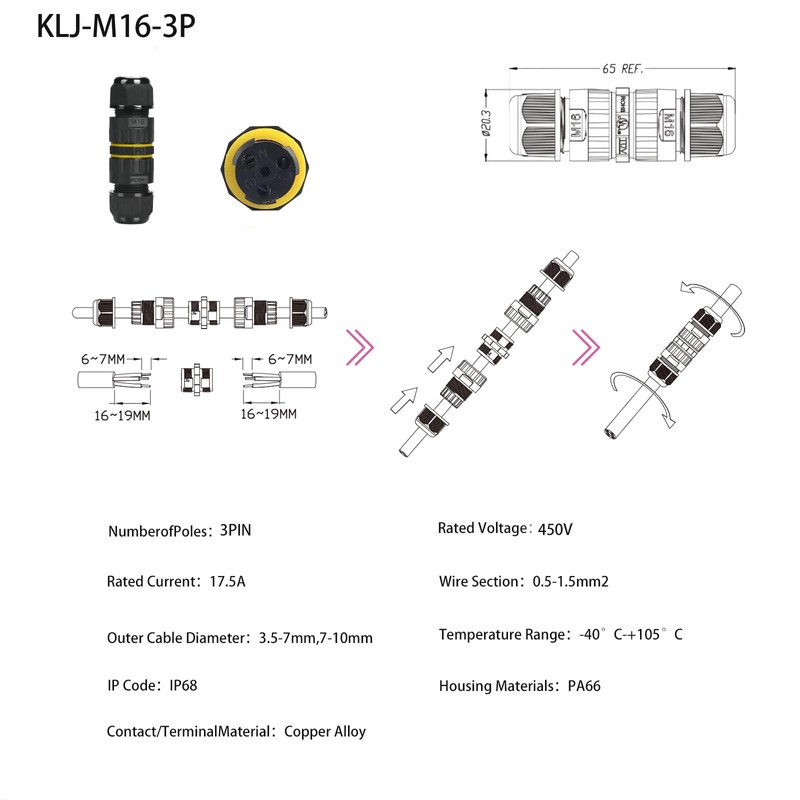 KLJ Waterproof Cable Connector, IP68 Connection Terminals, 3-Pin M20 Plug,