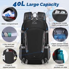 IGOLUMON Hiking Backpack 40L Waterproof Foldable Backpack for Men Women Lightweight Daypack Rucksack for Men Camping Travel Cycling Walking Climbing Outdoor Black