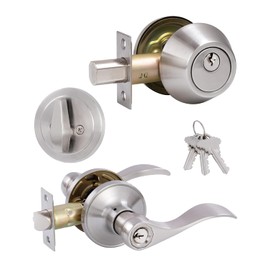 (1 Pack) Keyed Alike Front Door Lever Lockset with Single Cylinder Deadbolt Combination Set, Wave Style Lever, Front Door/Exterior Door Knob with Lock and Deadbolt, Satin Nickel Finished