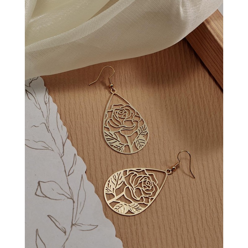 Teppdfann Gold Plated Rose Flower Filigree Teardrop Dangle Earrings Vintage