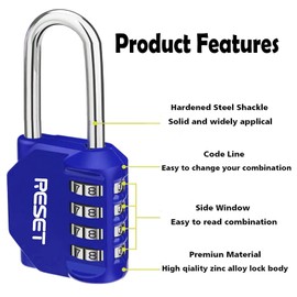 RESET-060 4 Digit Combination Padlock with 2.4 inch Long Shackle Combination Lock,Outdoor Waterproof Padlock,Indoor Padlock for School Locker Gym Locker Fence Gate Toolbox Blue