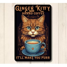 Cat Coffee Bar Sign Orange Ginger kitty station cup decor metal tin kitchen