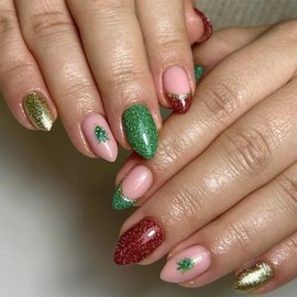 Vopintpy Green Christmas Tree Press on Nails Long Almond Fake Nails with Glitter French Tip Acrylic Glue on Nails Glossy Winter Xmas Stick on Nails for Women DIY Christmas Manicure