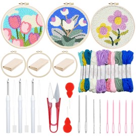 Woohome 3 Piece Punch Needle Beginner Embroidery Set, Punch Needle Fabric with Pattern, Embroidery Hoop, Threads, Instructions for Crafts (White, Pink and Purple Flowers)