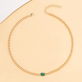 Iaceble Boho Emerald Choker Necklace Gold Square Emerald Pendant Necklace Chunky Curb Chain Necklace Rectangle Emerald Square Necklace Chain Jewelry for Women and Girls