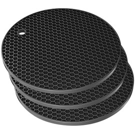 TENOC Silicone Trivet Mats for Hot Pots & Pans, Heat Resistant Pot Holder, Non-Slip Hot Pads for Dishes & Cookware, Multipurpose Kitchen Table Teapot Coaster, 5.5-Inch, 3 Pcs, Black