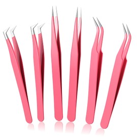 6 Pcs High Precision Lash Tweezers Set Eyelash Extension Tweezers Stainless Steel Eyelash Tweezer for Women Lash Extension Tools Supplies Classic Mega Volume Lashs Facial Hair Crafting Making(Pink)