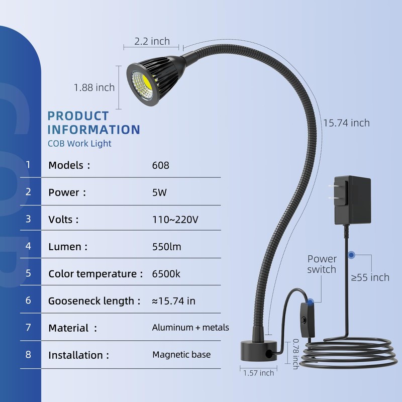 Magnetic Work Light, LED Machine Light with Flexible Gooseneck and