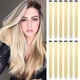 12 PCS Blonde Hair Extensions Clip in, Colored Party Highlights Extension for Kids Girls Synthetic Hairpiece Straight 22 inch