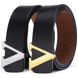 Men's Classic Gold/Silver V-Buckle Design Soft Calfskin Belt (Black Gold, 105cm/41.3inch(30-36))