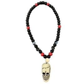 Skull Pendant Necklace for Men | Black Onyx Beaded Chain with Red Coral Accents | Gothic Statement Jewelry