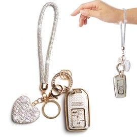 YIKECASE Key Fob Cover with Diamond Heart Keychain Car Key Holder Compatible with 2016-2022 Honda Accord Civic CRV Pilot Ridgeline Passport Remote Key Protector for Women, 5 Buttons (White-Wrist Rope)