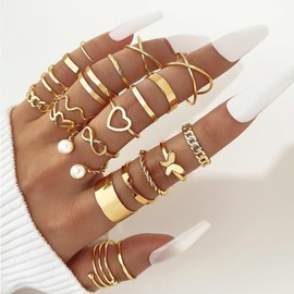 22Pcs Knuckle Rings Set for Women and Girls Dainty Butterfly Heart Stacking Ring Statement Braided Twisted Hollow Carved Vintage Bow Rings Size Mixed for Gift (gold)