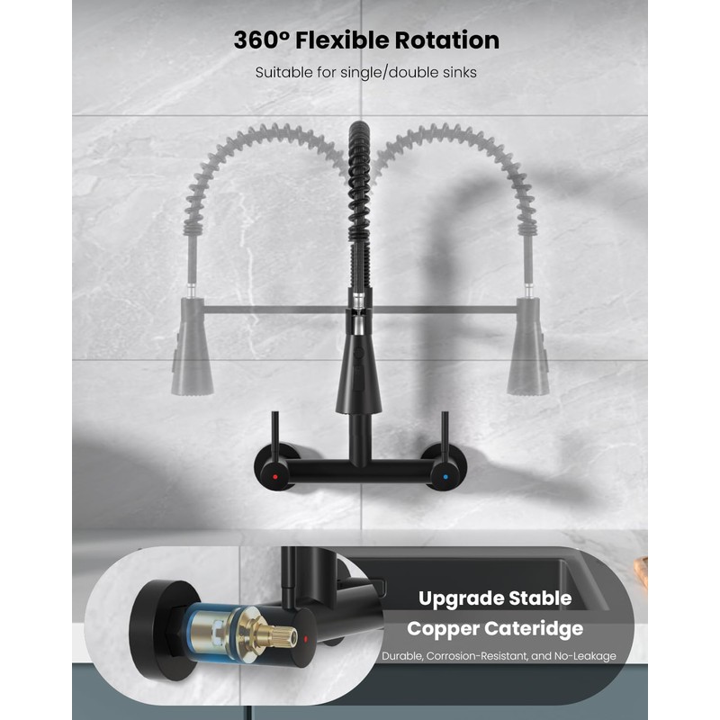 Matte Black Wall Mount Kitchen Sink Faucet 2 Handles, 8