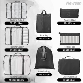 Neween 8 Set Packing Cubes, Travel Storage Bags Multifunctional Clothing Sorting Packages, Travel Packing Pouches, Luggage Organizer Pouch, Shoe Bags (Black)