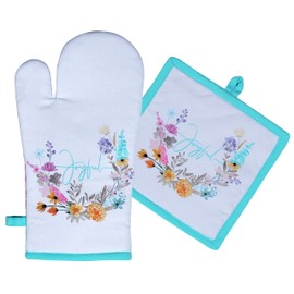 AMOUR INFINI Pot Holders and Oven Mitt Heat Resistant Non Slip Reusable Set of 1 Oven Mitt and 1 Pot Holder Oven Gloves Pot Holder for Cooking (Joyful Floral Design)