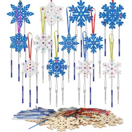 WEDNOK Pack of 12 Snowflake Wind Chime Craft Set Wooden Snow Crystal Crafts Kids Snowflake Craft for Painting Ice Crystals Creative Sets for Girls Boys Christmas Winter