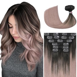 Ukira Ombre Clip in Hair Extensions Real Human Hair, 18 Inch 120g 7pcs Dark Brown Fading to Pink Grey Human Hair Extensions, Silky Straight Remy Human Hair Clip in Extensions for Women