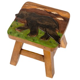 Bear in Mountains Design Hand Carved Acacia Hardwood Decorative Short Stool