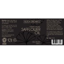 Alucia Organics Certified Organic Safflower Oil 100ml - Pure, Natural, Cold Pressed, Certified Organic, Vegan, Cruelty Free, for Skin, Face, Body, Hair, Massage…