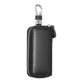HARFINGTON Genuine Leather Key Holder Bag Car Keychain Coin Case Fob Wallet with 6 Metal Hooks Keyring Zipper Bag for Men Women, Black