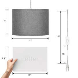 DEWENWILS Plug in Wall Light, Hanging Lamp with 15ft Clear Cord, On/Off Switch, Gray Fabric Lampshade, Hanging Light Fixtures for Bedroom, Kitchen, Living Room, Dining Room