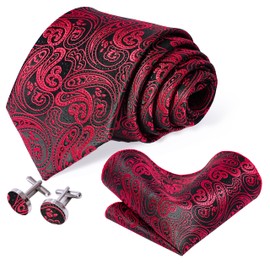 Kerfado 5PCS Red Black Paisley Tie and Pocket Square Set for Men, Silk Necktie and Handkerchief Cufflinks with Drilled Gold Ring and Lapel Pin Set