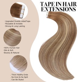 Tape in Hair Extensions ，Real Human Hair Extension,Bleach and Caramel Blonde Human Hair 22 inch 20pcs 50g,Thick Ends Straight Seamless, Invisible Tape in Hair Extensions Human Hair