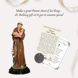 St Anthony of Padua Statue Figurine (5 Inch), Laminated Prayer Card, Saint Anthony Pocket Token, The Lord's Prayer Card | Total 4 Items in Set