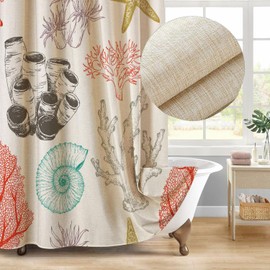 Jimuzi Ocean Beach Linen Shower Curtain Colorful Sea Shells Stars Seahorse and Coral Fabric Shower Curtain Set with Hooks, Nautical Coastal Shower Curtains for Bathroom, 71x71 Bath Curtain