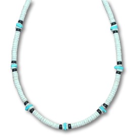 Native Treasure 18" Mens and Womens White Clam Heishe Ark Shells, Color-Fast Blue Chips, Black Coconut Beads, Summer Beach Necklace From the Philippines
