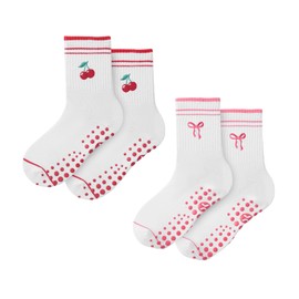 CoolMate Pilates Socks with Grips for Women, Yoga Socks, Crew Non Slip Women for Workout, Barre, Pilates Gifts (US, Numeric, 6, 10, Regular, Regular, 2 Pairs Cherry/Ribbon)