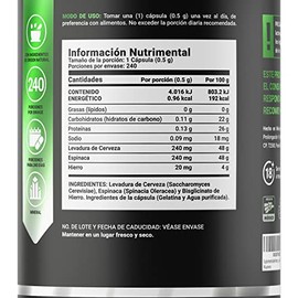 Hierro de 240 Cápsulas con Levadura de Cerveza y Espinaca. Ingredientes naturales. Iron Blend B Life.