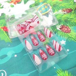 Christmas Press on Nails Almond Medium Fake Nails with Snowfiake Lines Design Nails Press ons Xmas Red White French Tip False Nails Acrylic Full Cover Stick on Nails for Women 24Pcs