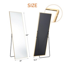 [Deal] Full Length Mirror Body Floor Standing Mirror Hanging or Leaning Against Wall, with Stand Aluminum Alloy Thin Frame for Bedroom Cloakroom Decor - Color: Gold-rect, 21*64inch