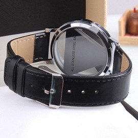 LSVTR Unisex Charm Glass Hollow Triangle Dial Faux Leather Analog Quartz Wrist Watch - Black Strap Silver Dial