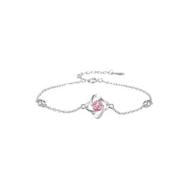 Onlyfine S925 Sterling Silver Four-Leaf Clover Bracelet with Adjustable 3cm Chain | Hypoallergenic Zirconia Accents, Polished Mirror Finish | Elegant Silver Jewelry for Women(Pink)