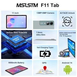 MSLSTM 2025 Latest 11 inch Tablet Android 14 Tablets 18GB RAM 128GB ROM+1TB TF Expand, 2K Display, T616 CPU,23 MP Camera, 5G WiFi,4 Speakers, Tablet with Keyboard,case, Pen