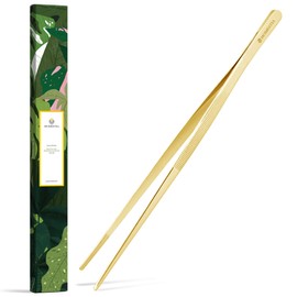 Homestia 12" Kitchen Tweezers Fine Tweezer Tongs, Extra-Long 304 Stainless Steel Cooking Tweezers, Multi-function Metal Tongs with Precision Serrated Tips for Chef, Cocktail, Serving Food, BBQ Gold
