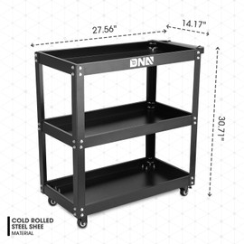 DNA MOTORING 3 Tier Rolling Tool Cart, Heavy Duty Rolling Service Tool Cart with 3 Tires, Metal Service Cart for Warehouse, Garage, Office, Workshop, TOOLS-00796-BK