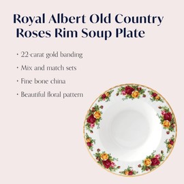 Royal Albert Old Country Roses Rim Plate Gift-Vintage Fine Bone China Soup Serving Bowl-Large Size-Floral Pattern, 25cm, Multi, 24cm