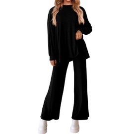PRETTYGARDEN Womens 2025 Casual Lounge Sets Long Sleeve Tops Wide Leg Long Pants Fall Crewneck 2 Piece Outfits Tracksuits(Black,X-Large)