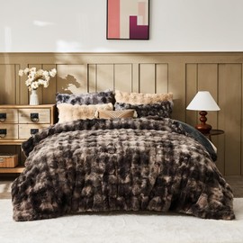 Lotus Karen Fuzzy Fluffy King Size Comforter Comforter Set - Rabbit Fluff Faux Fur Duvet Cover King Tie-Dye Dark Gray Plush Furry Bedding Sets 3Pieces(1 Duvet Cover & 2 Pillow Shams) Zipper