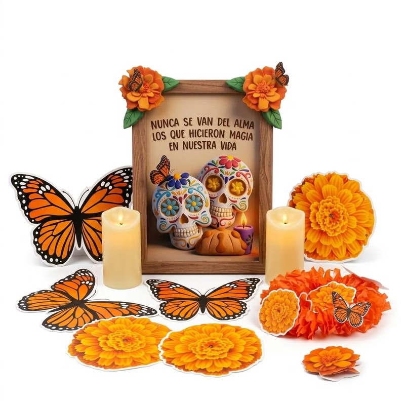 Set Decorativo Día de Muertos: Marco, Calaveritas y Velas LED