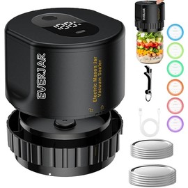 Everjar - Mason Jar Vacuum 2 IN 1 Design Electric Mason Jar Vacuum Sealing Kit, Fully Automatic Suction Stop Food Storage Vacuum Sealer for Wide Mouth and Regular Mouth Mason Jars, Black