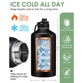 ICIOI 1 Gallon Water Bottle Insulated - 128oz Water Bottle with Straw & Spout Lids, Carrier Bag with Strap, Stainless Steel Flask (Cold for 48Hrs) Large Metal Jug for Hiking Travel Camping