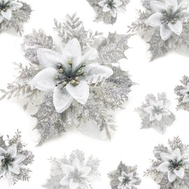 Pack of 24 Christmas Sparkle Poinsettia Flowers with Clips Artificial Christmas Flowers Glitter Christmas Flower Wedding Christmas Tree Christmas Door Wreath New Year Ornaments